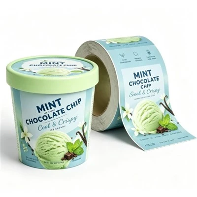 Custom CMYK Full Color Roll Die Cut Low Temperature Adhesive Labels For Yogurt And Ice Cream Tubs